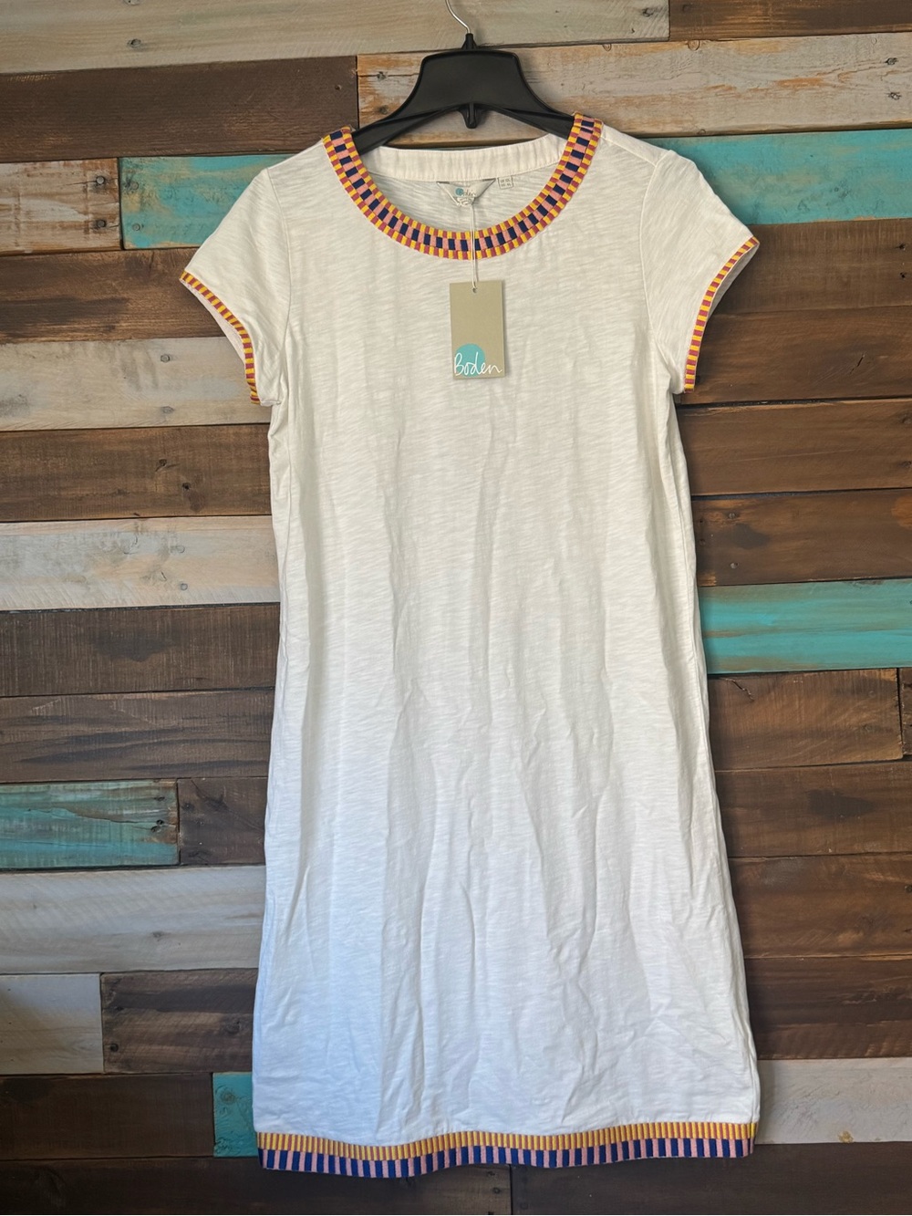 Boden Sena Embroidered Jersey Dress White Shift Mini NWT | Size 6L